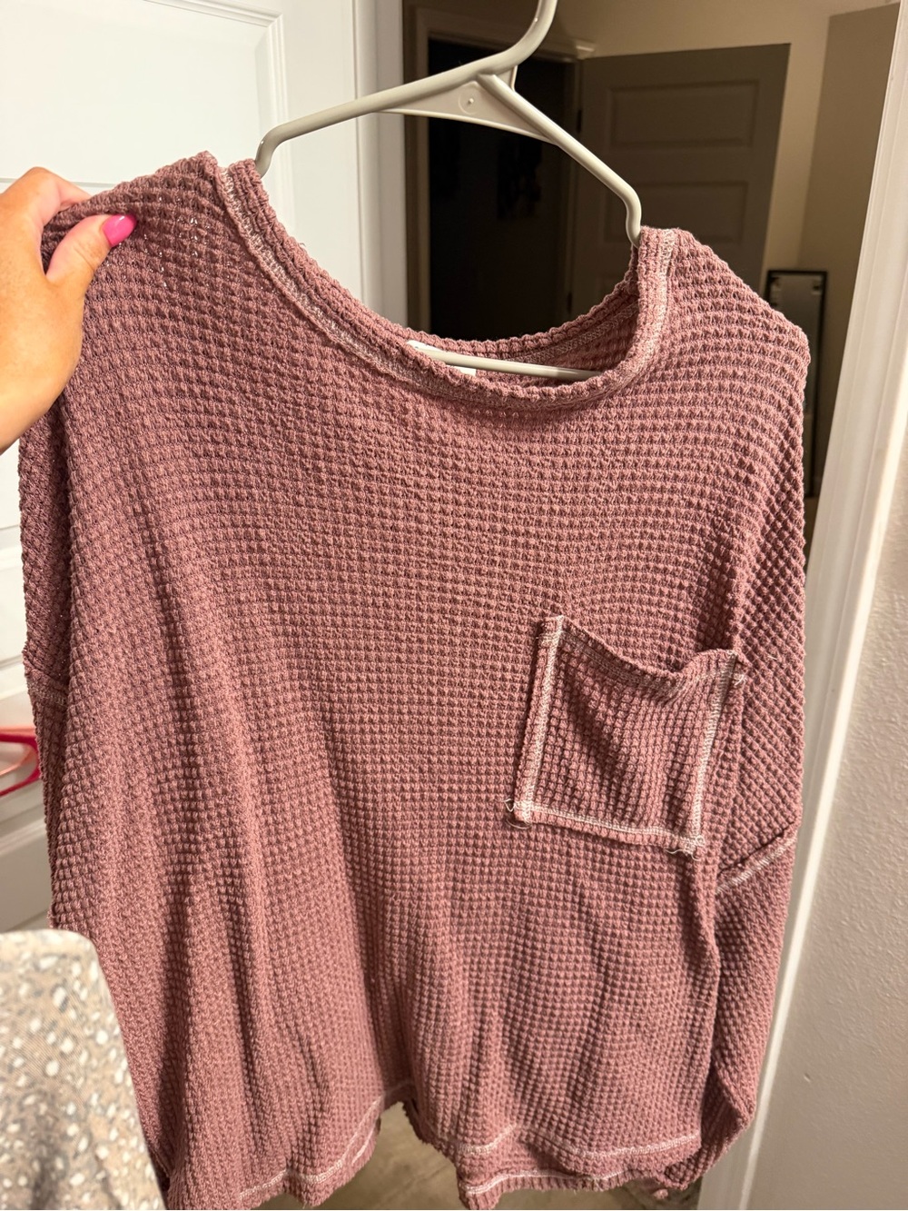 Mauve Waffle Knit Long Sleeve Top with Pocket